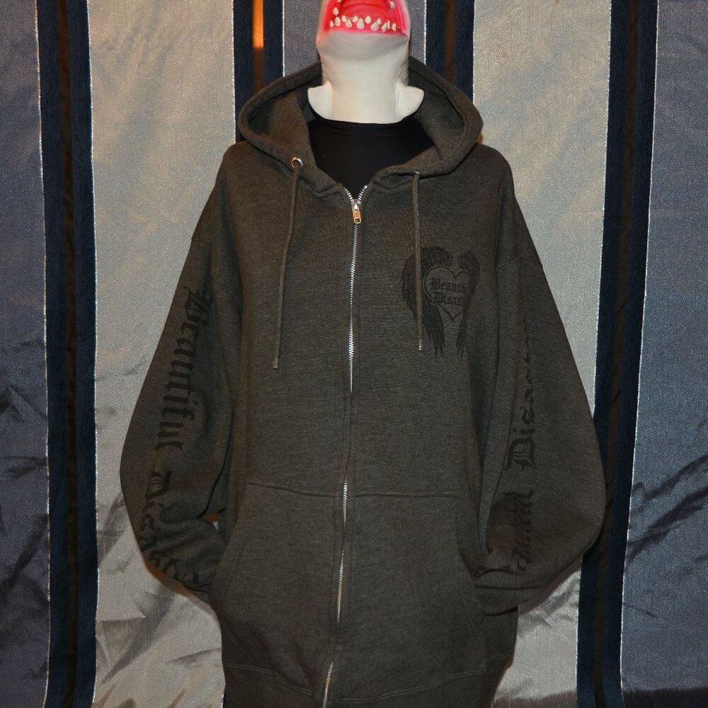 🚫SOLD🚫 Beautiful Disaster Zip Up Angel Wing Hoodie C1X Grey with Black Graphics
